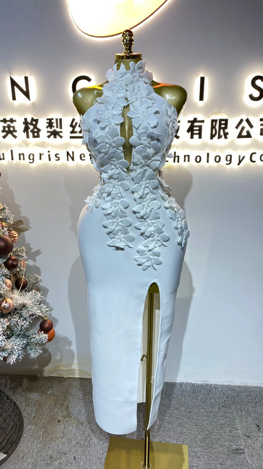 3D Floral High-Waist Slit Dress