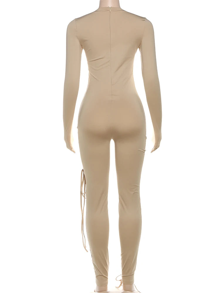 Weird Puss Sexy Fall Jumpsuits Women Diy Shirring o-Neck Full Sleeve Midnight Party Club Stretch Activity Fitness Slim Overalls