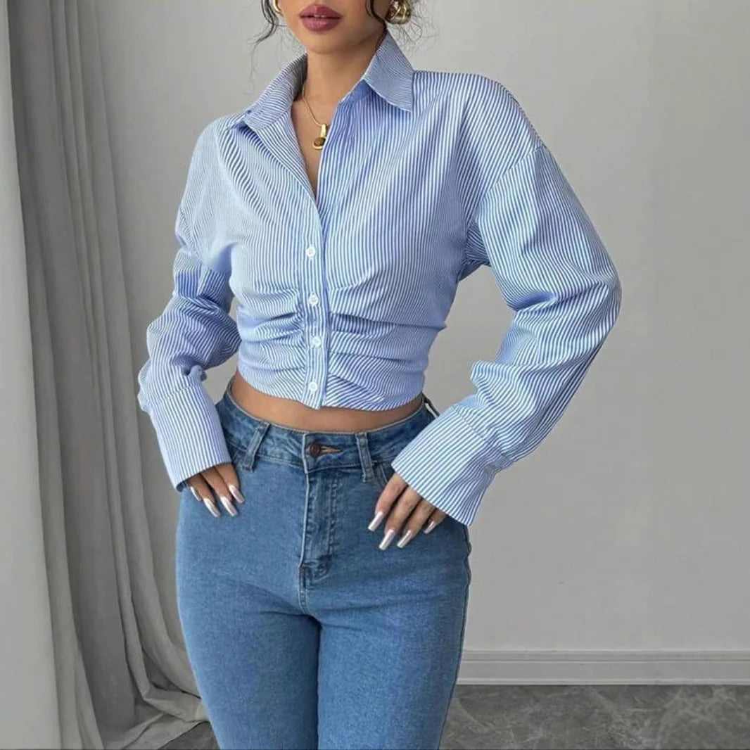 Striped Shirt Ruched Folds Long Sleeve