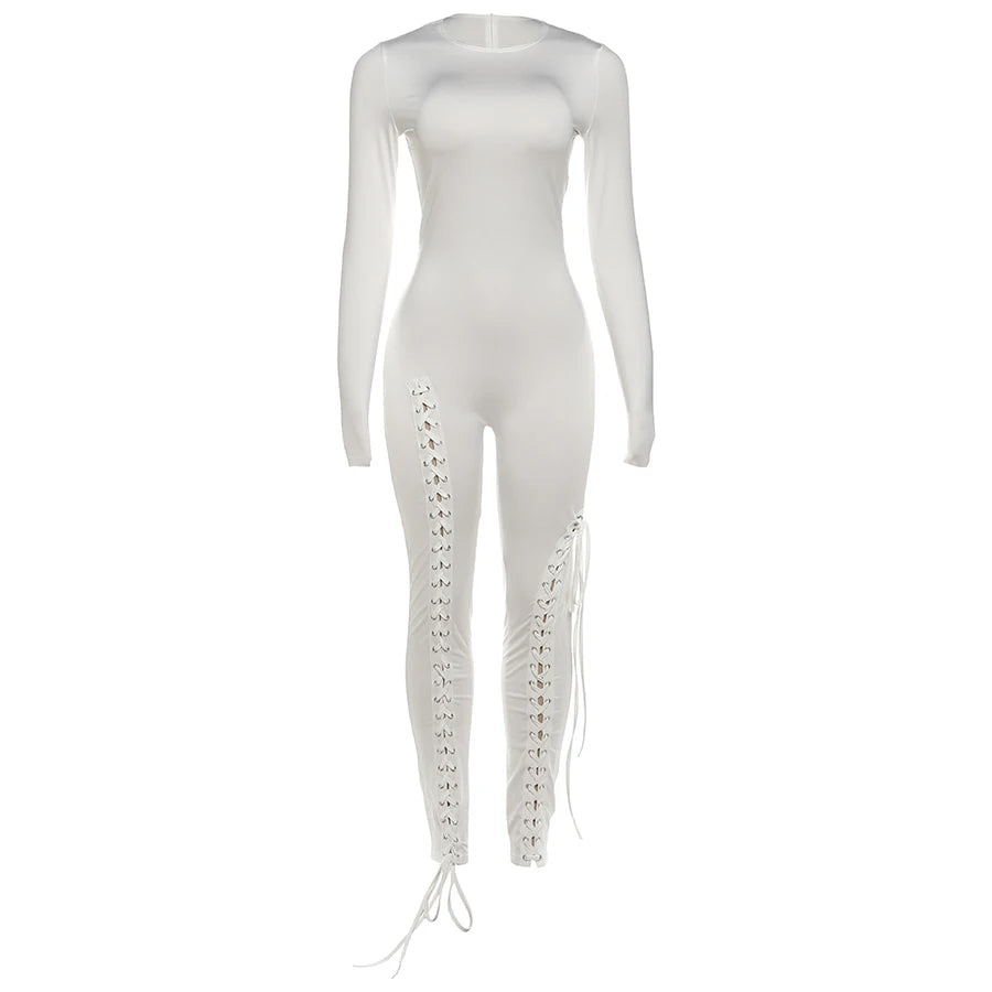 Weird Puss Sexy Fall Jumpsuits Women Diy Shirring o-Neck Full Sleeve Midnight Party Club Stretch Activity Fitness Slim Overalls