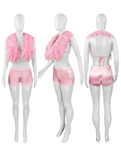 Fur Patchwork Two-Piece Tank & Shorts Set