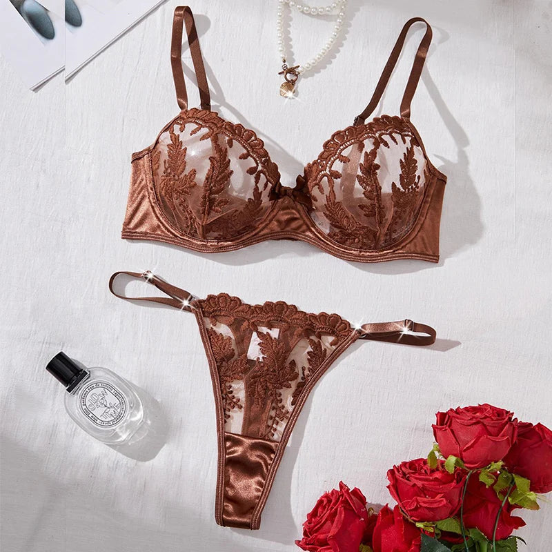 Mesh Embroidery Bra and Panty Set