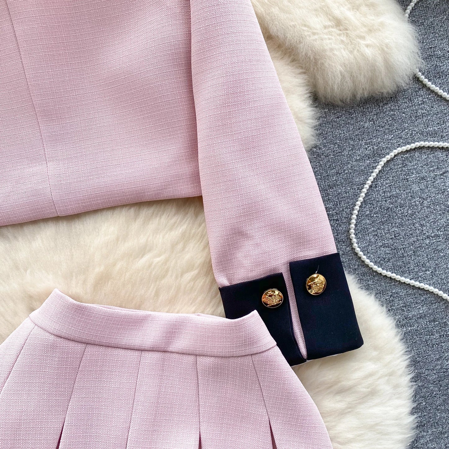 KUSAHIKI 2024 Spring Women's Color Block Short Cardigan Coat + High Waisted Pleated Half Skirt Two Piece Set