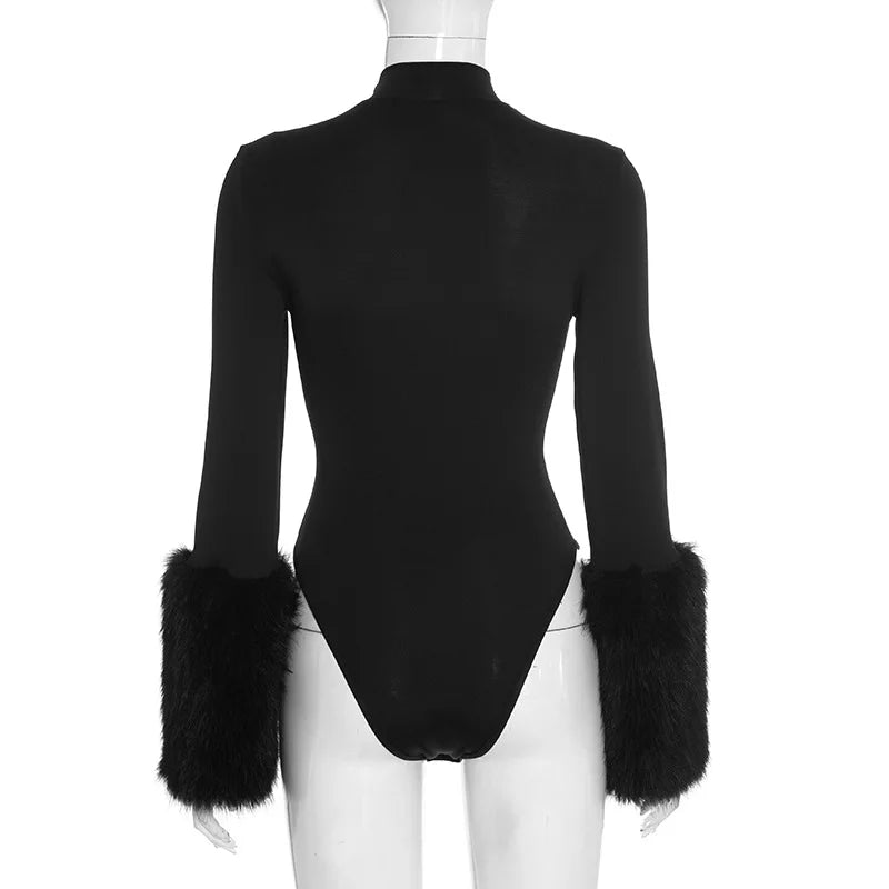 FAGADOER Winter New Sexy Fur Patchwork 2 Pieces Set for Woman Outfits Long Sleeves Bodycon Playsuits + Shorts Female Streetwear