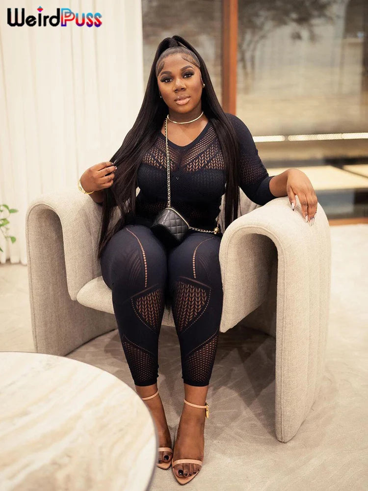 Weird Puss See Through Women Jumpsuits Long Sleeve Hollow Out Hot Girls Sexy Nightclub Dance Party Body-Shaping Coquette Outfits