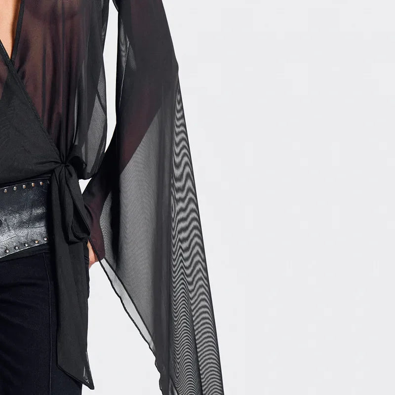 Women Sexy See Through Mesh Mini Dress Deep V-neck Lace Up Backless Flare Long Sleeve Ribbon Party Clubwear Holiday Outfits