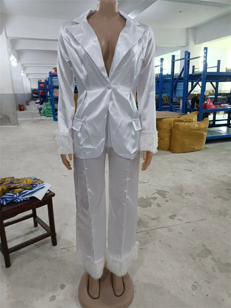 Feather Patchwork Top and Pants Two-Piece Set